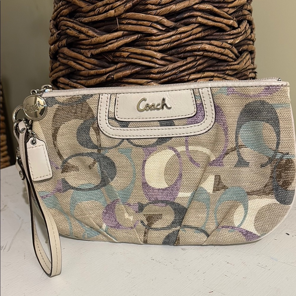 Coach Signature Canvas Wristlet in Cream and Purple